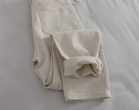 磨毛。薄绒，米白色牛仔裤女秋冬新款高腰显瘦...