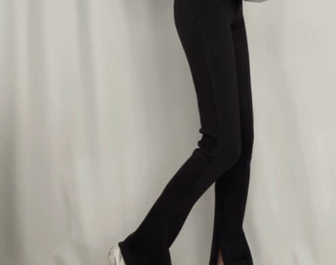 自制2022春黑色开叉弹力休闲裤女新款高腰...