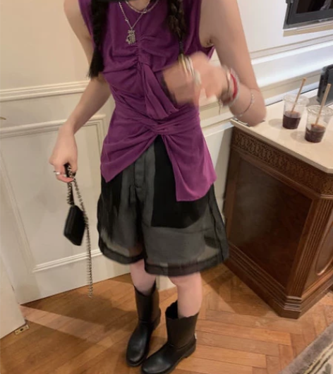 MONA 薄纱网纱短裤a字女五分休闲裤气质...