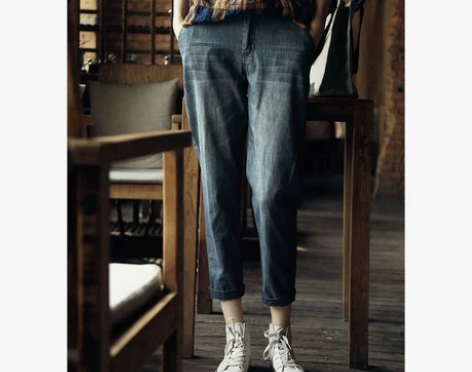 独上织造 立体剪裁狠显瘦 复古蓝牛仔小脚裤...