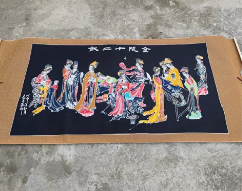 旧工艺画，画在蓝布上的，绫裱，画心尺寸73...