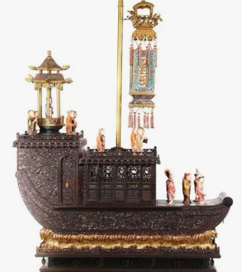 清 臻品 紫檀嵌寿山石人物船形摆件，此紫檀...