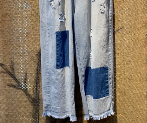 格小麻牛仔裤，蓝100%棉。腰围70-10...