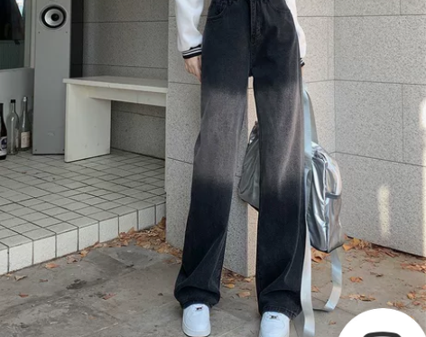 复古拉链棋盘格拼接牛仔裤女高街遮跨显瘦宽松...
