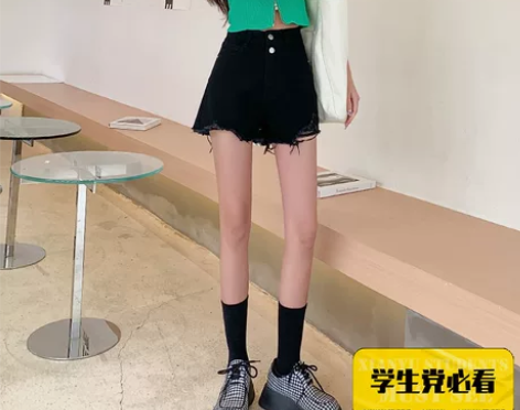 黑色破洞高腰牛仔短裤女2022年夏季新款阔...