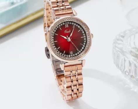 【专柜清仓】歌迪女气质镶钻玫瑰金钢带防水石...