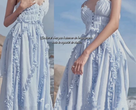 越南荷叶边V领吊带收腰连衣长裙露背小众设计...