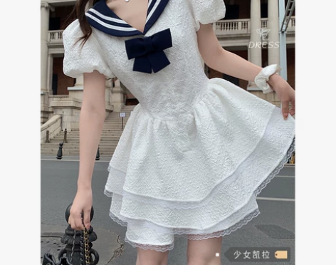 法式泡泡袖海军领连衣裙女装夏季新款蝴蝶结蓬...