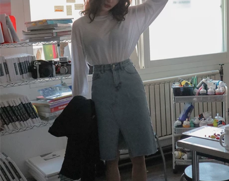 韩国chic复古显瘦百搭高腰豁口下开叉毛边...