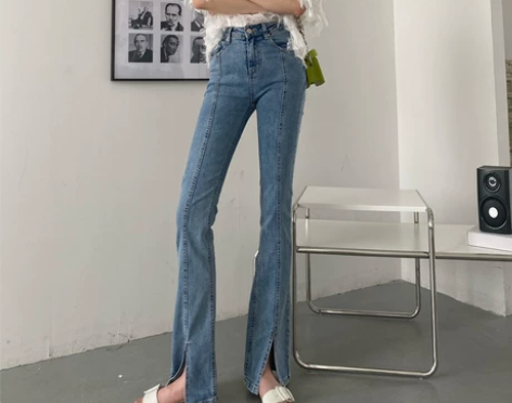 170加长高腰前开叉微喇叭牛仔裤女175高...