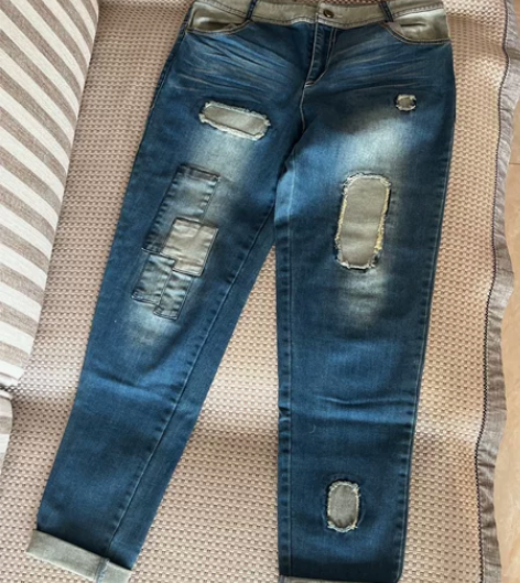 GOZO时尚拼接破洞牛仔裤 很新 微弹裤长...