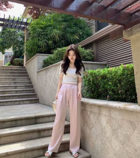 豆豆早安 缎面滑滑裤 阔腿裤女夏小个子宽松...