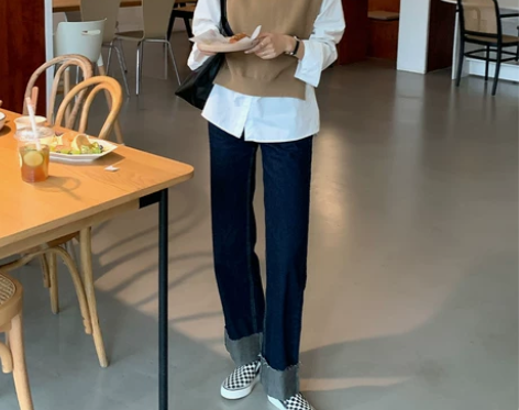 布琳家深蓝色翻边阔腿牛仔裤女秋冬加绒高腰宽...