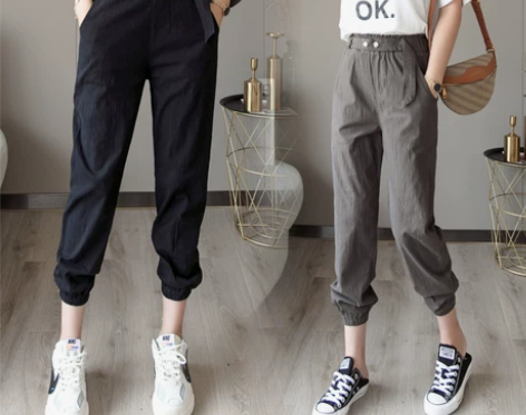 束脚九分棉麻裤女夏季宽松bf冰丝休闲裤子松...