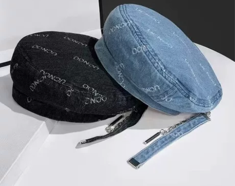 日系链条牛仔贝雷帽女潮酷夏季网红时尚街拍画...