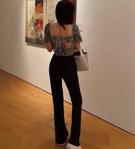 ACHI大也池宽松高腰垂感长款裤子竖条纹系...