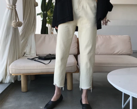 【阿一家】米色水洗做旧小直筒九分牛仔裤女c...