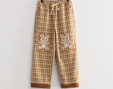 日系软妹可爱贴布小熊格子休闲裤女宽松阔腿裤...