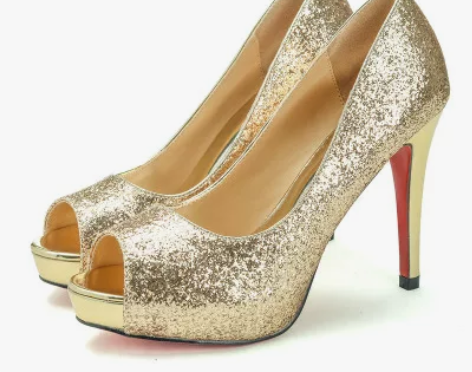 金色婚鞋红色鱼嘴高跟鞋细跟性感防水台浅口单...