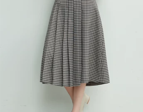 高腰皮扣复古格纹百褶半身裙a字裙中长裙新款...