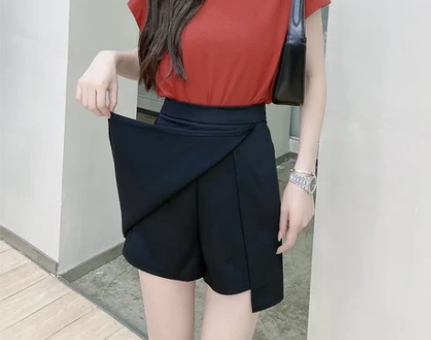 卡卡女装官方旗舰正品高腰假两件A字裙开叉西...