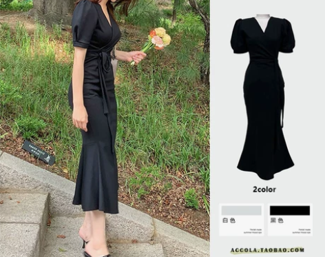 法式复古赫本风御姐轻熟小黑裙系带修身显瘦鱼...