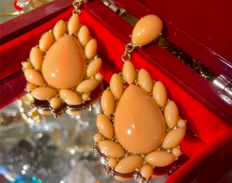 中古奶橙色宝石赛璐璐水滴耳夹vintage...