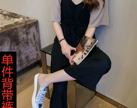 韩版宽松背带裤女夏季薄款2021新款黑色九...