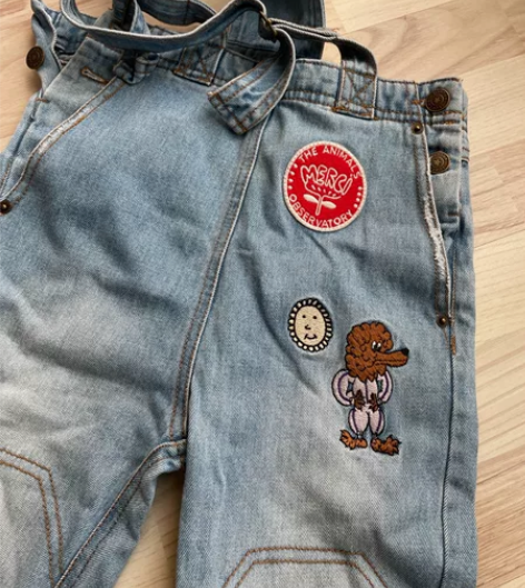 双肩背带牛仔裤，刺绣、做旧效果，36M，3...