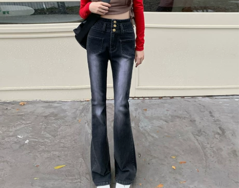 ZNZW复古三扣高腰喇叭牛仔裤女秋冬202...