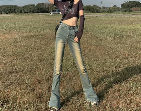 vqa秋冬新品辣妹微喇牛仔裤女水洗做旧复古...