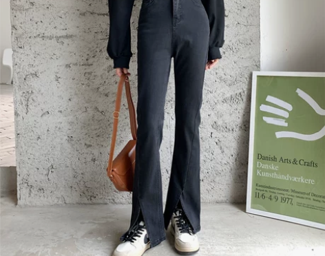 微喇开叉牛仔裤女2022年春季新款高腰宽松...