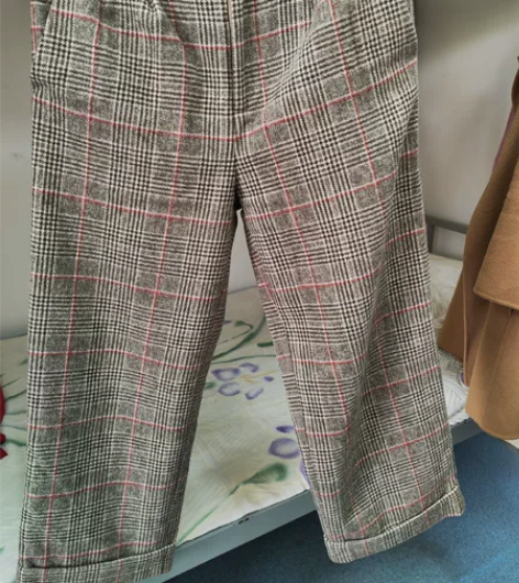 秋冬休闲裤。格纹,直筒,卷边,九分,高腰到...