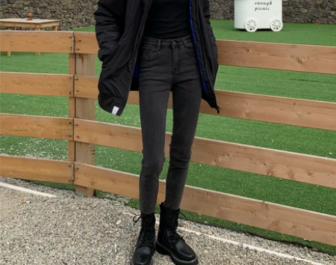高腰烟灰色加绒牛仔裤女紧身显瘦秋冬大码胖m...
