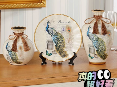 便宜出孔雀三件套花瓶摆件 客厅电视柜玄关博...
