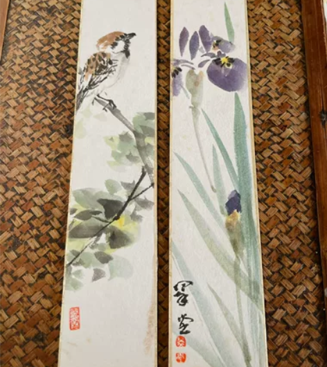 麻雀鸢尾花#日本回流老字画色卡纸短册国画手...