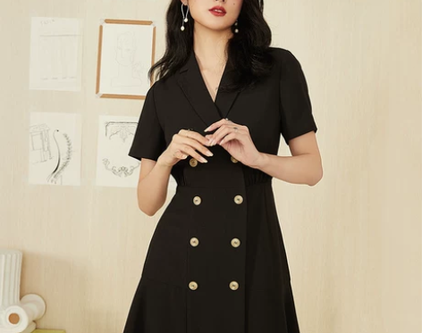 范思蓝恩双排扣西装连衣裙女夏季收腰显瘦荷…...