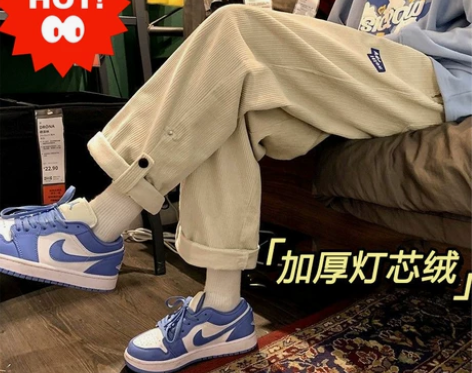 灯芯绒裤子男加绒港风高街痞帅ins直筒阔腿...