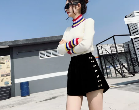 2017秋冬新款丝绒高腰休闲短裤女铆钉松紧...