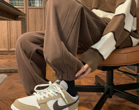 棕咖色萝卜卫裤男束脚运动裤子潮牌冬款加绒加...