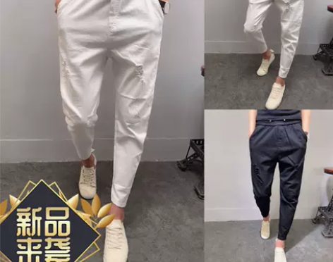 夏季薄款牛仔破洞小脚裤男韩版潮流简约抽绳哈...