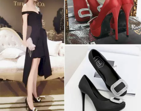 2016欧美新款水钻方扣红色超高跟鞋细跟绸...