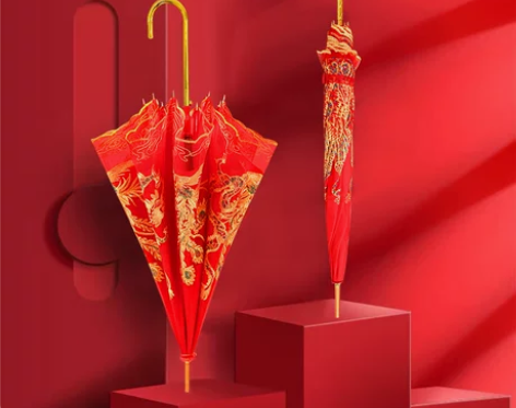 红伞婚庆结婚出嫁伞蕾丝花边刺绣长柄中式婚礼...