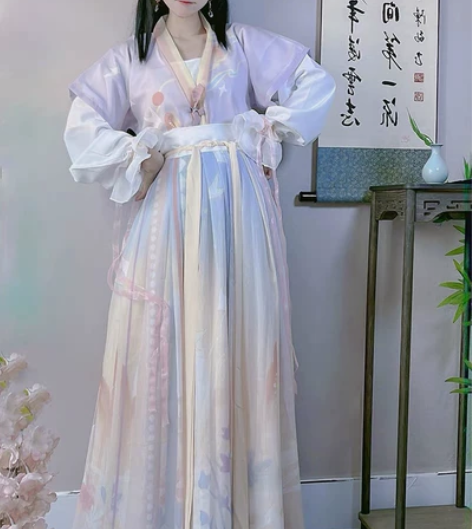 洛苓幽兰 唐褙子汉服夏款女圆领短衫褶裙原创...