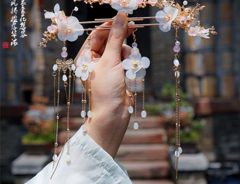 汉服头饰仙气珍珠流苏发梳配饰古典明制步摇发...