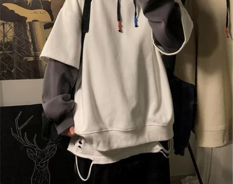 假两件卫衣男潮ins潮流宽松情侣装连帽长袖...