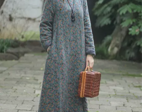 冬裙加厚碎花旗袍中国风盘扣复古连衣裙女装