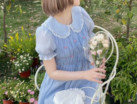 楞之岛 雾霭蓝娃娃领蕾丝边连衣裙女夏季甜美...