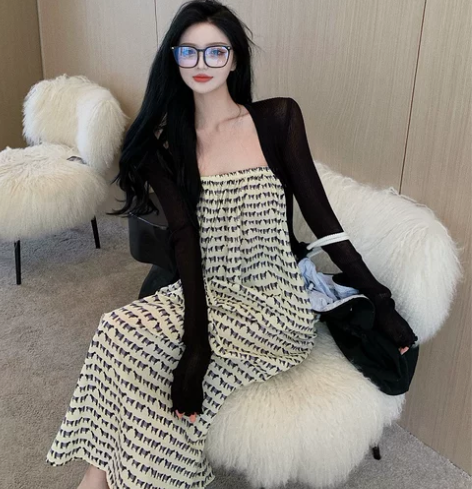 吊带连衣裙女装港风复古宽松印花气质a字裙子...