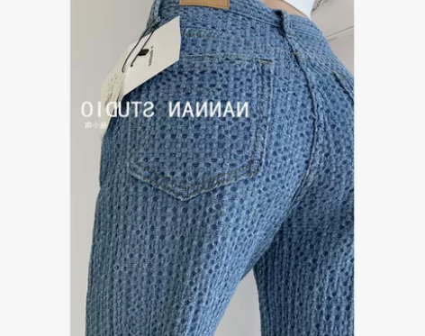 全新！直筒牛仔裤女春季欧美范空气感编织高腰...